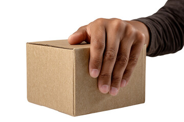 Hand on cardboard box, white isolated background.
