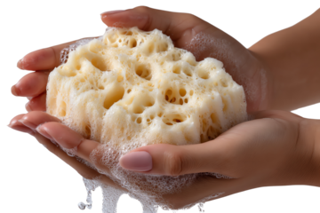 Hands holding natural sea sponge with lather, white isolate background.