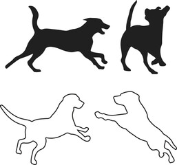 Active dog silhouettes and outlines in jumping and running poses, vector illustration for pet and animal designs
