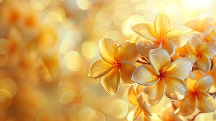 Fototapeta premium A cluster of yellow frangipani flowers, glistening with dew, takes center stage against a warm, golden background, exuding serene beauty.