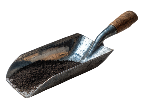 Metal garden scoop filled with soil, white isolate background