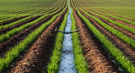 Irrigating Crop Rows in a Farm Field with Water Flowing