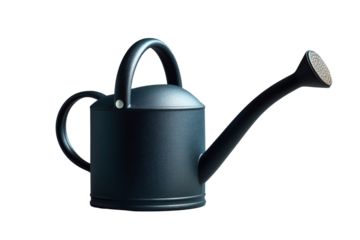 Metal watering can with long spout, white isolate background.