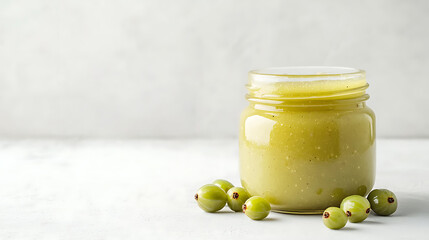 A jar filled with preserved fruit on a white tabletop surrounded by fresh gooseberries. A light gray background accentuates the natural composition.
