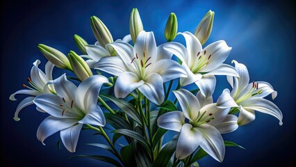 Fototapeta premium Elegant White Lilies Blue Background Product Photography - High-Resolution Stock Images