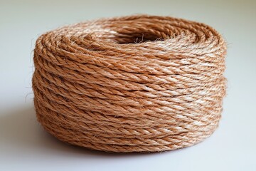 Obraz premium Coiled natural jute rope on white surface textural detail and versatile craft material