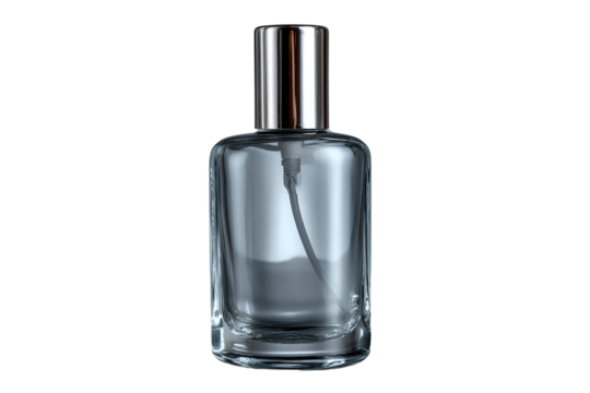 Perfume bottle with sleek design on white isolated background, ideal for beauty product displays.