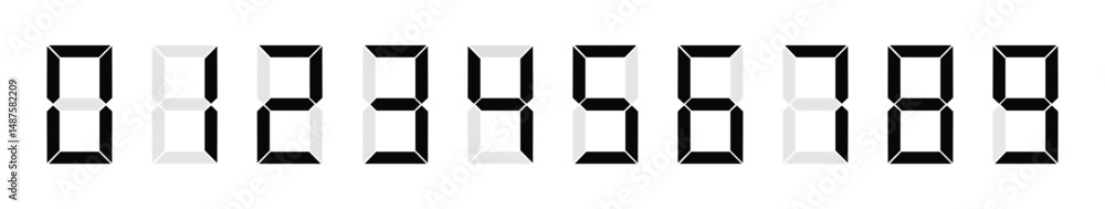 Poster Digital display of black numbers in sevensegment style, isolated on transparency background, modern and minimalistic