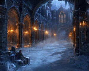 Frozen gothic cathedral interior, dimly lit by candlelight.