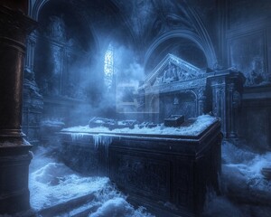 Frozen, antique church interior, mystical, icy atmosphere.