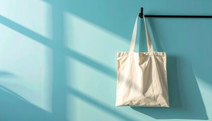 Empty Canvas Tote Bag On Light Blue Wall With Sunlight
