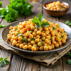 Delicious chickpeas on plate served in healthy protein-rich food style