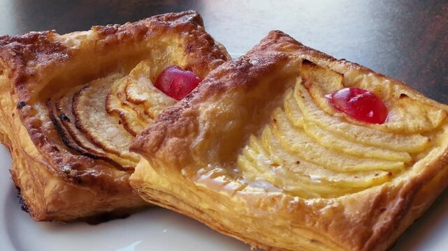 Delicious fresh sweet homemade puff pastry with pear and berry. High quality 4k footage