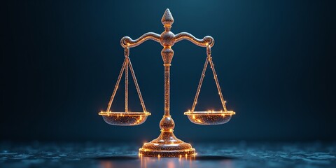 Illuminated golden scales symbolizing justice on dark blue background