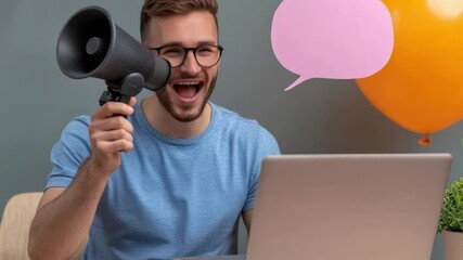 Amplifying the Message: An enthusiastic individual passionately delivers a message, using a megaphone in a scene with vibrant speech bubble balloons, symbolizing communication and announcement.