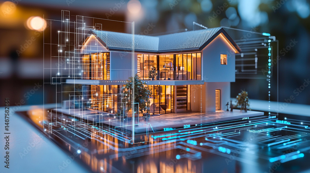 Poster a modern house model with digital overlay on a reflective surface showing technology integration