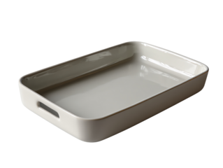 Rectangular ceramic baking dish, white isolated background.