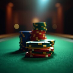 Stacked poker chips on a green table