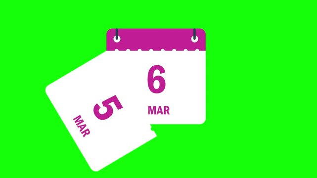 Calendar march months date change dropping page animation green screen backg