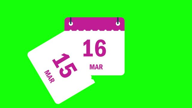 Calendar march months date change dropping page animation green screen background