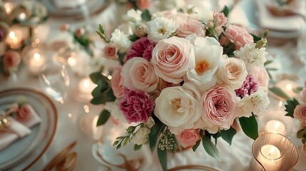 Elegant wedding table with floral centerpiece and fine china, radiating timeless romance and sophistication