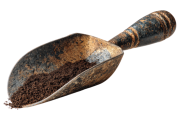 Rustic metal scoop filled with soil, white isolate background.