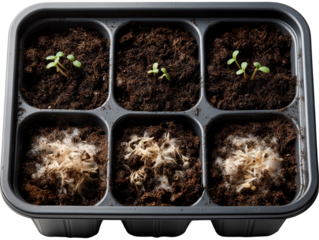 Six soil compartments with seedlings sprouting and white fungus growth.
