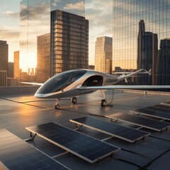 Electric Aviation Prototypes: “A sleek e-VTOL aircraft charges at a rooftop vertiport powered by adjacent solar canopies, rotors folded and silent. City skyscrapers glint behind, and charging currents