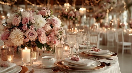 Elegant wedding table with floral centerpiece and fine china, radiating timeless romance and sophistication