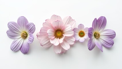 Fototapeta premium Four daisies in pink and purple hues with yellow centers against a white background