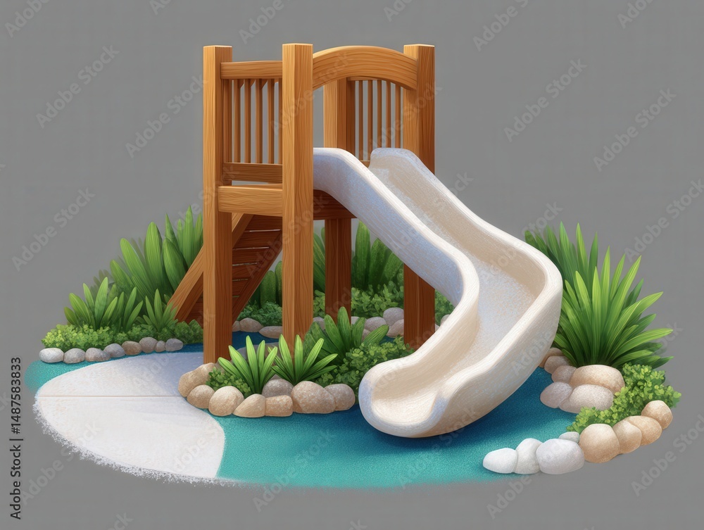 Poster vibrant playground slide structure surrounded by lush greenery and smooth stones creating a playful 