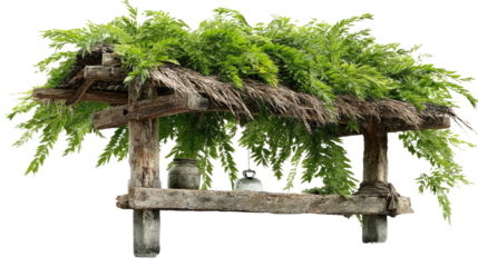 Rustic Charm: A sun-dappled rustic wooden structure, adorned with lush green foliage, creates an inviting, natural atmosphere of harmony.