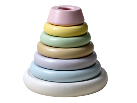 Stackable pastel toy rings, white isolated background