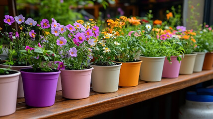 プランターに植えられた色とりどりの花