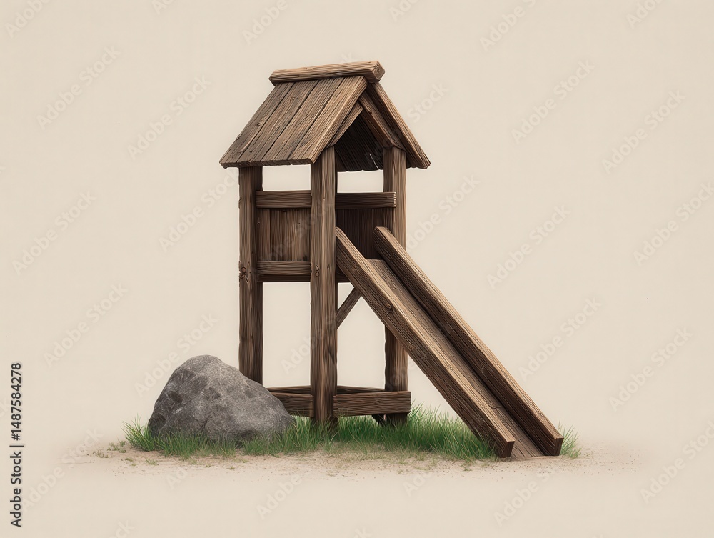 Poster wooden playground slide structure set against a beige background with grass and stone features creat