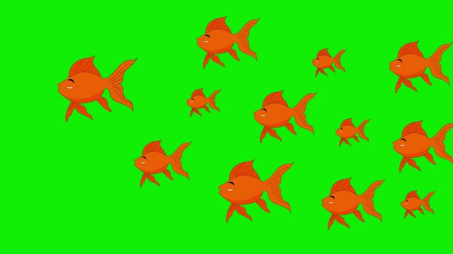flock of orange goldfish swimming moving green background animation 4k