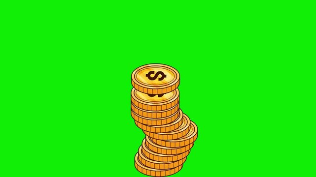 Golden coins falling on top animation green screen4k