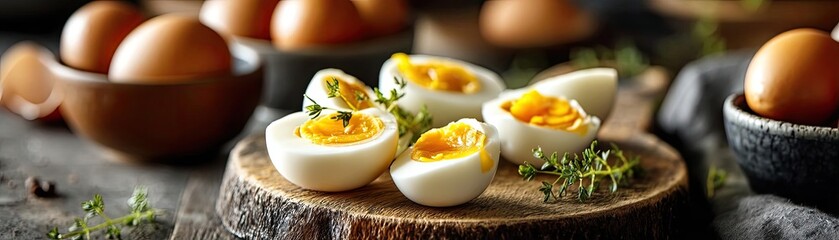 Farm fresh eggs in minimal style with rustic kitchen concept. Freshly boiled eggs served on a rustic wooden board.