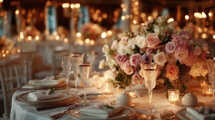 Elegant wedding table with floral centerpiece and fine china, radiating timeless romance and sophistication