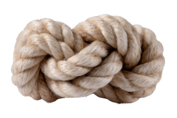 Thick natural fiber rope knot, white isolated background. Perfect for design use.