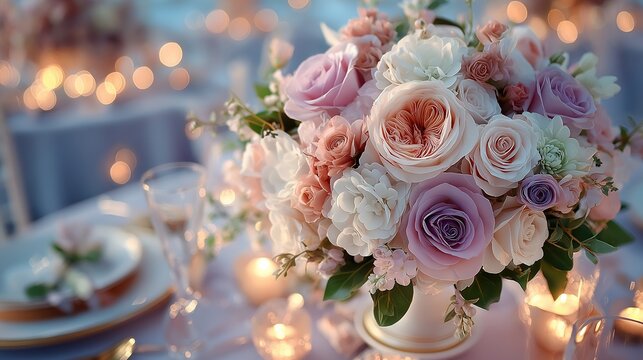 Elegant wedding table with floral centerpiece and fine china, radiating timeless romance and sophistication