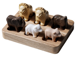 Wooden animal figurines in tray, white isolate background.