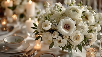 Elegant wedding table with floral centerpiece and fine china, radiating timeless romance and sophistication