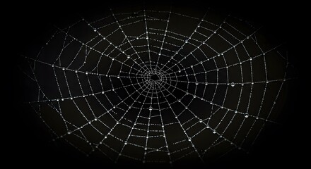 Fototapeta premium Dew-Covered Spiderweb Against Black Background