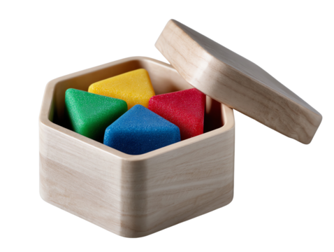 Wooden box with colorful geometric shapes inside, white isolate background