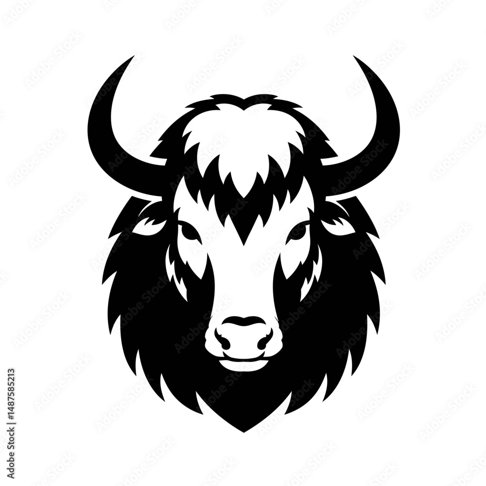 Poster majestic yak portrait: a striking monochrome image of a yak, captured in a front-facing pose with a 
