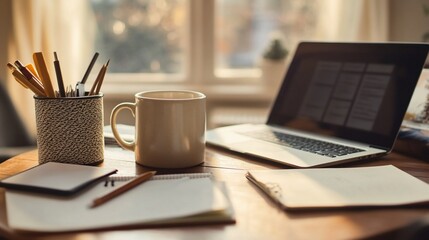Cozy workspace setup with laptop, mug, notebooks, pencils and window in background