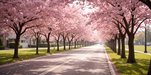 Quiet countryside road lined with blooming cherry blossoms for spring and cultural themes. A narrow road winds through a countryside lined with cherry