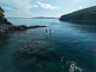 Aerial view A phinisi boat is sailing carrying tourists who will visit the islands around the...