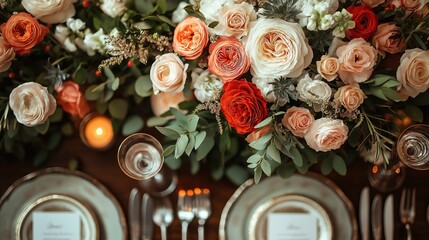 Elegant wedding table with floral centerpiece and fine china, radiating timeless romance and sophistication
